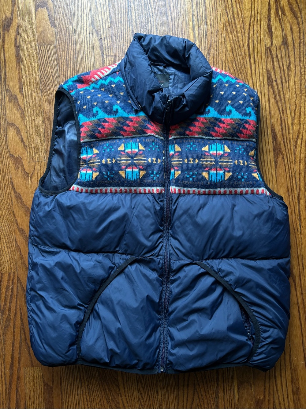 Zara Navy Puffer Vest with Multicolor Aztec Yoke